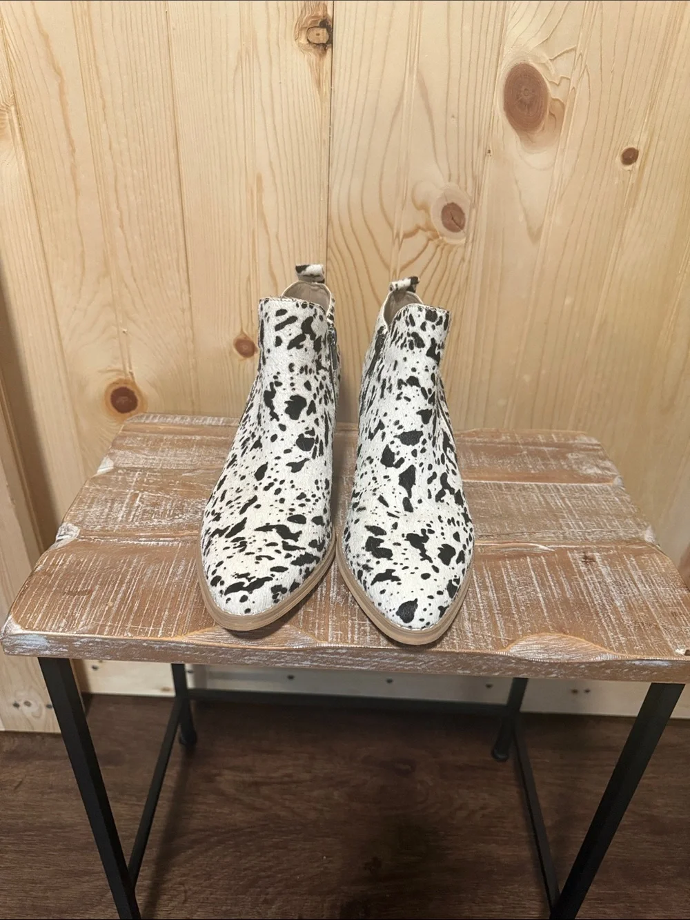 Very Volatile Black and White Cowhide Print Pointed Ankle Booties